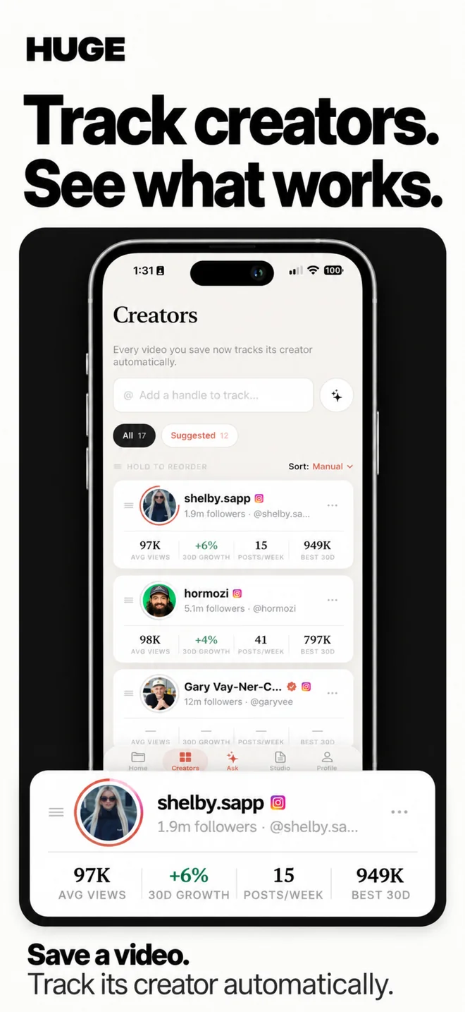 HUGE creator tracker with saved creator profiles and their video performance